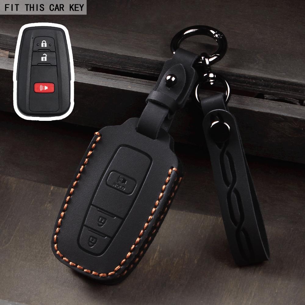 Leather Car Smart 3 Button Key Case Cover Bag Keychain for Toyota Avalon Camry RAV4 Prius CHR C-HR Corolla Land Cruiser Prado