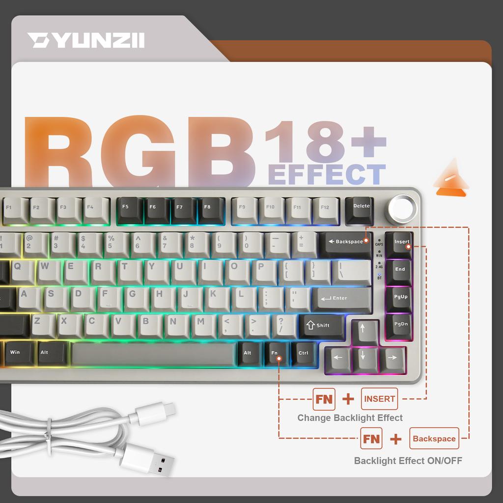 YUNZII B75 PRO 82-Key Wireless Mechanical Gaming Keyboard, Gasket Hot Swap Custom RGB 75% BT/Type-C/2.4G Creamy Knob Keyboard