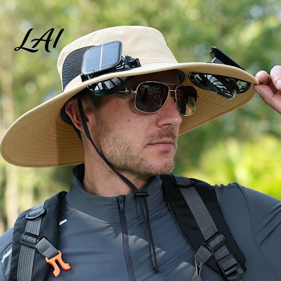 Solar Powered Sun Hat Fisherman Hat Outdoor with Dual Power USB Rechargeable Camping With Fan Fan Wide Brim Protection for Fishing Hiking Gardening