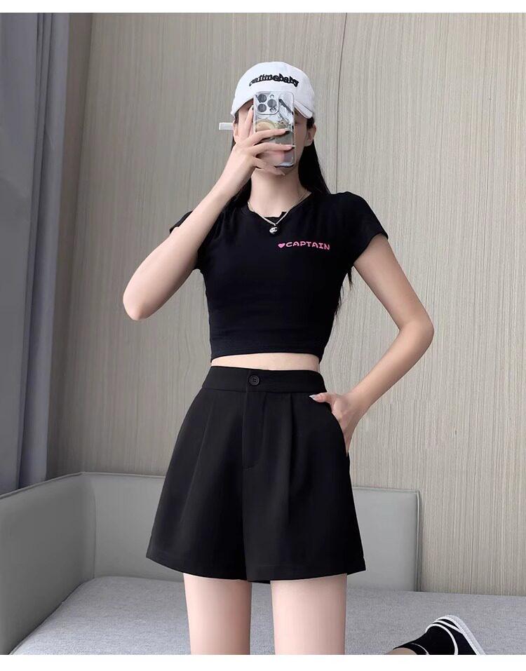 Women's Summer 2025 Black Wide-Leg A-Line High-Waist Elastic Capris Shorts