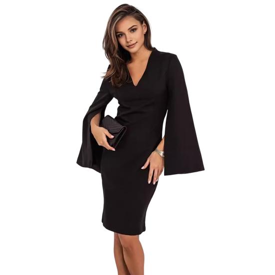 Fall Summer Women Dress Long Slit Horn Sleeves V Neck Slim Fit Solid Color Business Formal Party OL Commute Midi Dress