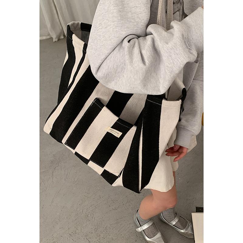 Bag Korean Lazy Wind Underarm Bag 2025 New Casual Striped Canvas Bag Large Capacity Shoulder Shopping Bag Bag
