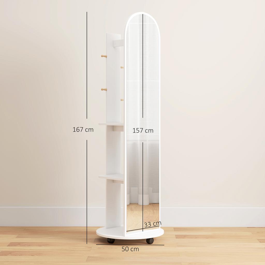 2 In 1 Full Length Mirror With Storage Shelves Floor Mirror With 4 Wheels Coat Rack Hooks White