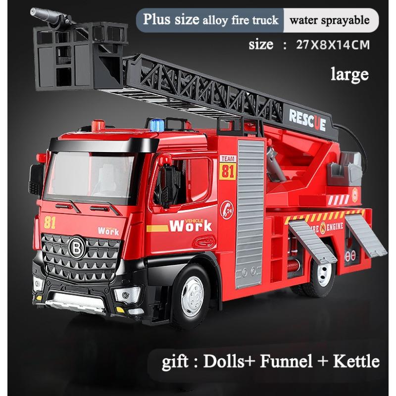 Игрушечная пожарная машина в масштабе 1/24 с металлической кабиной, световой и звуковой сиреной, рабочим водяным насосом и выдвижной вращающейся спасательной лестницей, игрушкой с фрикционным приводом