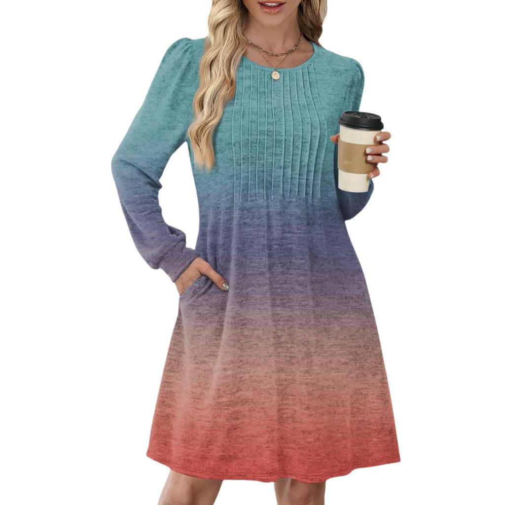 Женское повседневное платье с длинным рукавом, плиссировкой, круглым вырезом, градиентным принтом и карманами