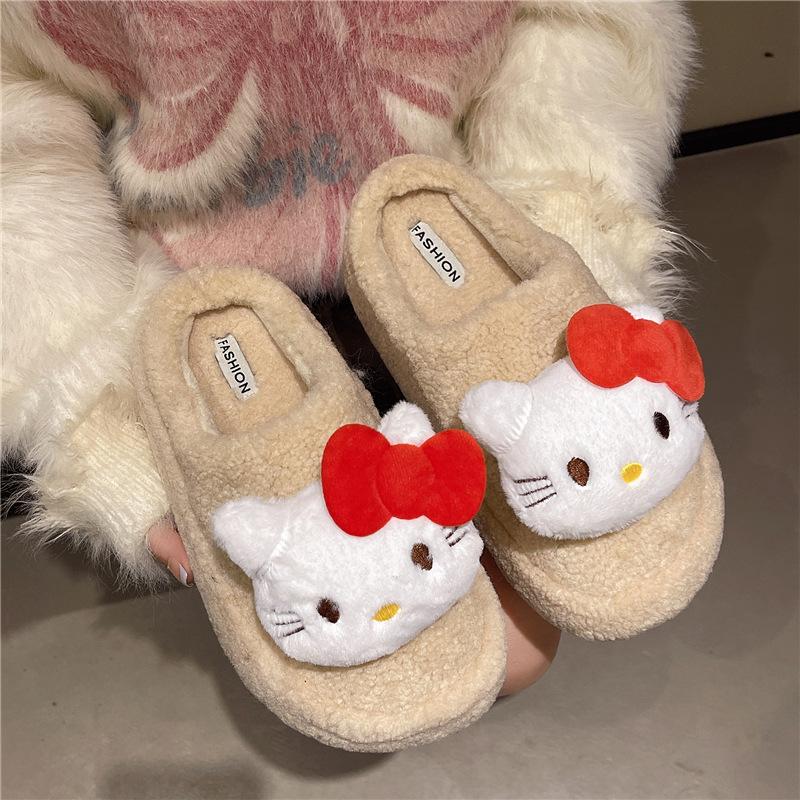 Теплые хлопковые тапочки Hello Kitty на осень и зиму, домашние комнатные, для ношения на улице, нескользящая мягкая подошва, пушистый хлопковый моп