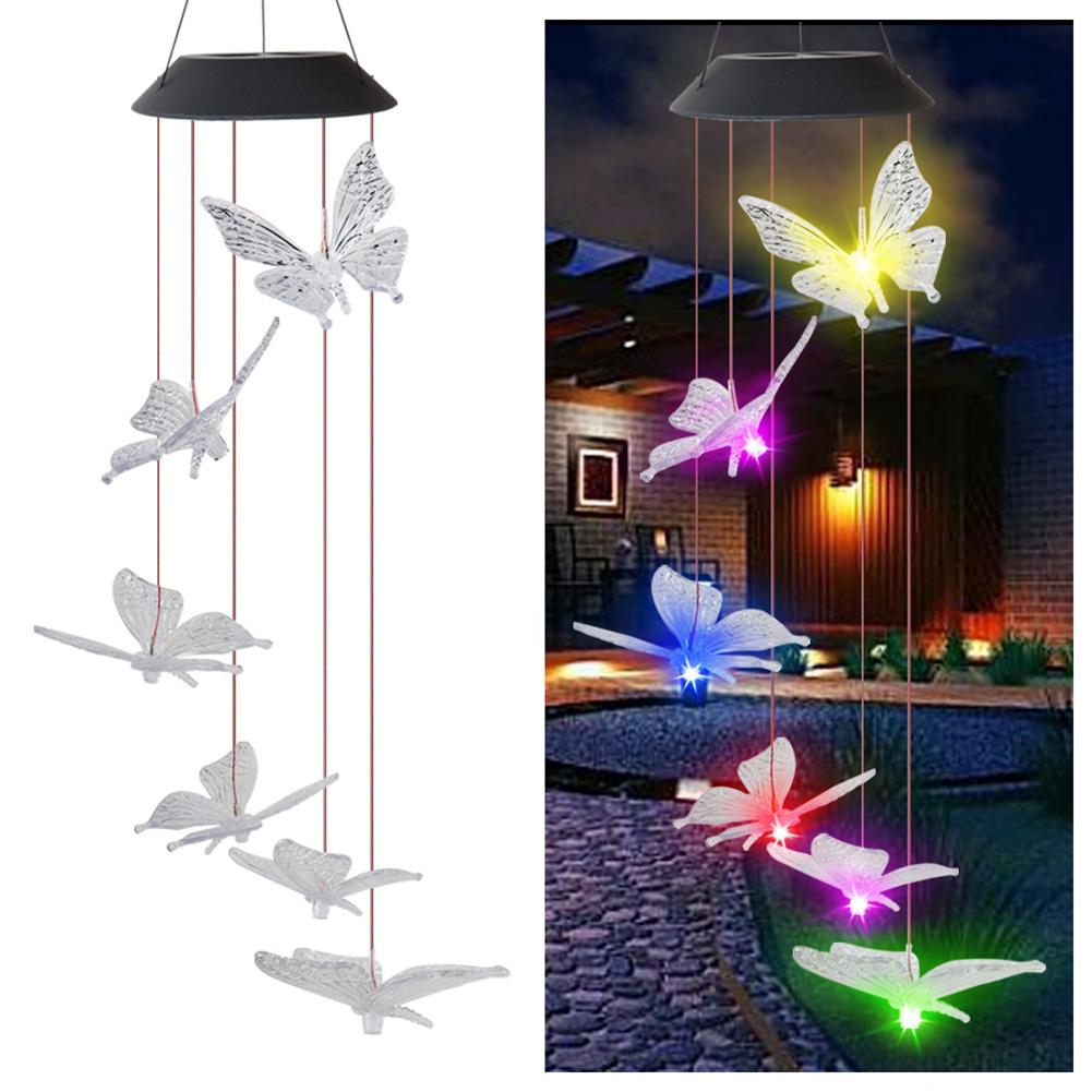 LED Solar Wind Chime Crystal Butterfly Hummingbird Colorful Lights Waterproof Outdoor Windchime Solar Light for Garden Decor