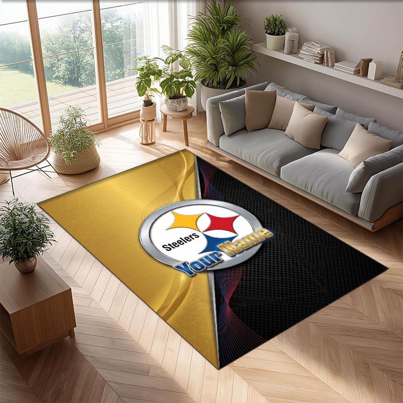 Pittsburgh Steelers Crystal Velvet Rug, Custom Name Text Personalized Non‑Slip Floor Mat for Home Decor Gift