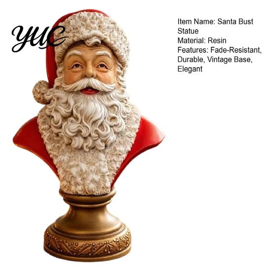 Indoor Winter Holiday Decoration Santa Claus Bust Statue, Resin Head with Vintage Golden Christmas Statue Base, Tabletop Figurine, Mantel Desktop Home