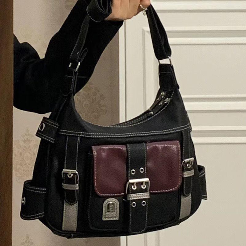 Yogodlns Retro Patchwork Shoulder Bag For Women Soft Leather Crossbody Bag Cool Girl Messenger Bag Shopping Purse Handbag