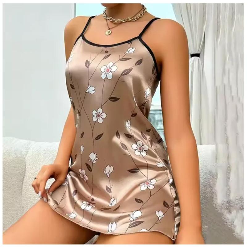 Women's Sleepwear Summer Floral Print Satin Nightgown Casual Sleeveless Backless Slip Night Dress Sexy Nightdress Home Clothes