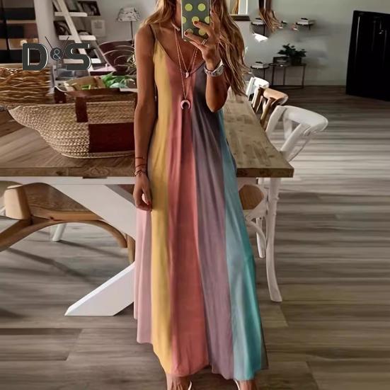 Женские бретельки-спагетти длинные платья с градиентом летнее повседневное струящееся макси-платье с V-образным вырезом свободный пляжный сарафан