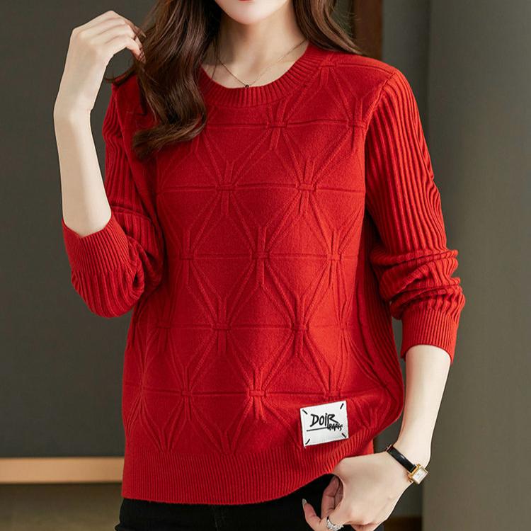 Осень-зима Женский свитер больших размеров Свободный короткий пуловер Трикотажный свитер Жаккардовый круглый вырез Стрейч Джемпер Трикотажный топ