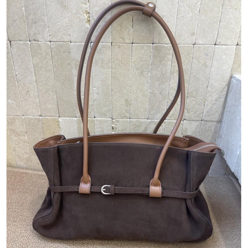 Womens Genuine Leather Tote Bag - Suede Calfskin Pleated Buckle Shoulder Underarm Work