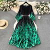 Women Holiday Style Pleated Belt Print High Waist A-line Dresses O-Neck Temperament Vestidos Spring Summer Women Dress