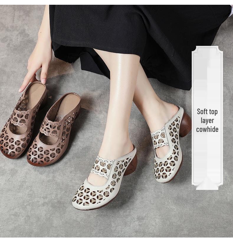 Женские шлепанцы Baotou из натуральной кожи на среднем каблуке в этническом стиле - Летние 2025 с полыми сандалиями на мягкой подошве