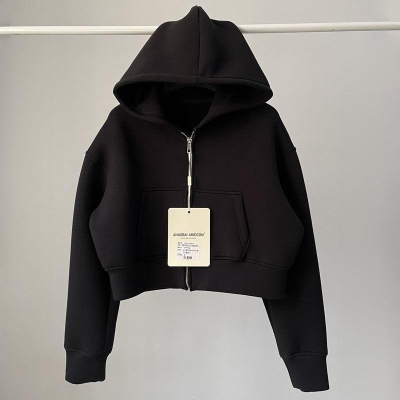 Trendy American Style Cropped Hoodie Women Solid Color Loose Fit Casual Fall Sweatshirt
