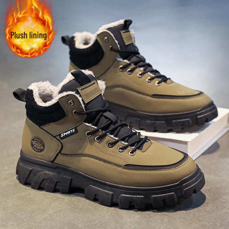 Men's High-Top Martin Boots - Velvet Winter Work Shoes, Retro Style with Thick Soles and Warm Cotton Lining.