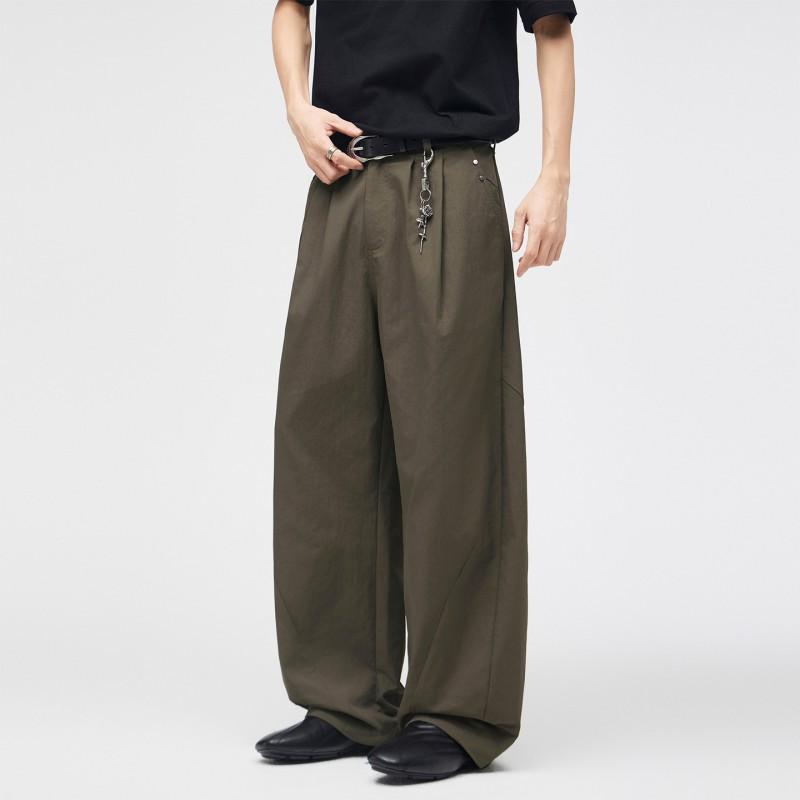 Mens Casual Wide-Leg Cargo Pants American Deconstruction Pleated Old Money Style Loose Trousers