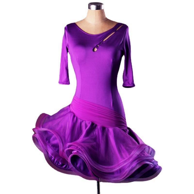 Womens Latin Dance Dress With Cut-Out Round Neck Rumba Cha Samba Costume Stage Performance