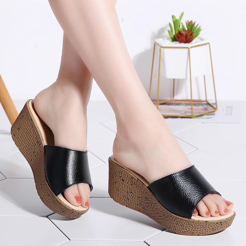 Летний кожаный спуск с женскими тапочками, босоножки на толстой подошве, босоножки на высоком каблуке, женская обувь на высоком каблуке