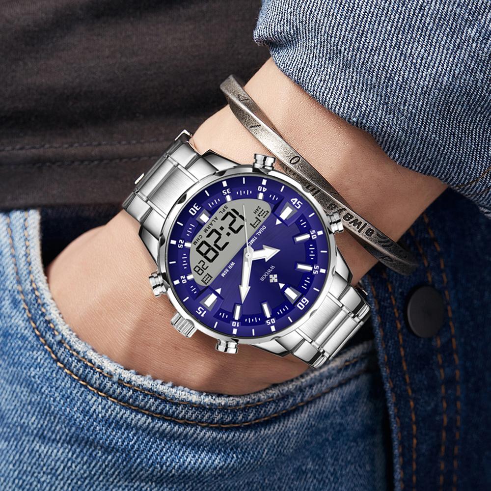 WWOOR New Sport Watch For Men Dual Display LED Quartz Wristwatch Full Steel Luxury Watch Men Clock Chronograph Relogio Masculino