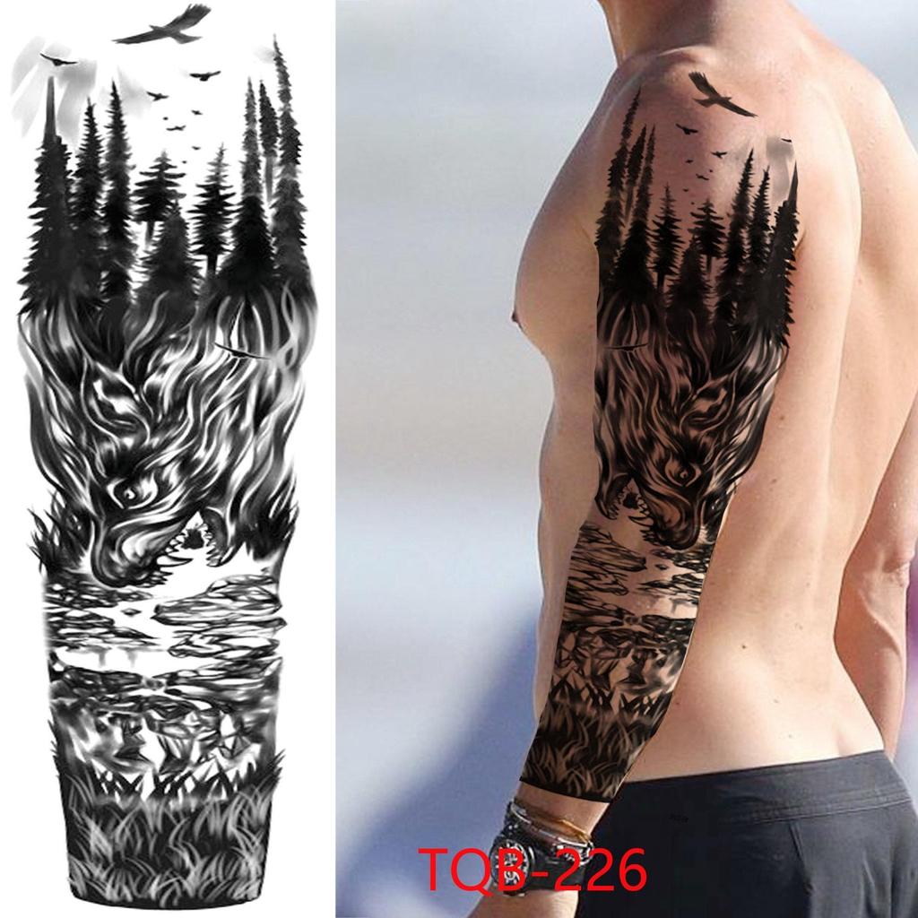 New 1 PC 480*170MM Super Large Compass Wolf Head Eye Fake Lion God Feather Temporary Tattoo Sleeves For Men Women Tattoo Full Arm Tattoo Sticker