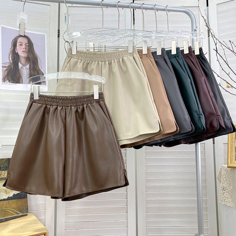 Женские шорты большого размера с эластичной талией из ПУ кожи с широкими штанинами - Модные, Стройнящие, Универсальные, с небольшим разрезом