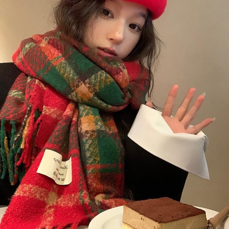 Новогодняя атмосфера, красный клетчатый шарф с бахромой, женская осенне-зимняя высококачественная теплая шаль