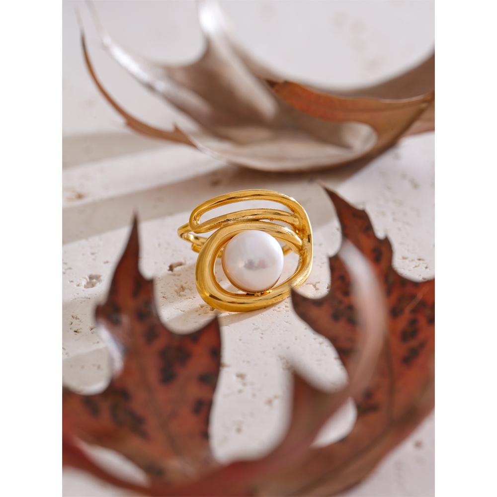 Yhpup 316L Stainless Steel Simulated Pearls Hollow Creative Ring 18K Golden PVD Plated Geometric Daily Popular Jewelry