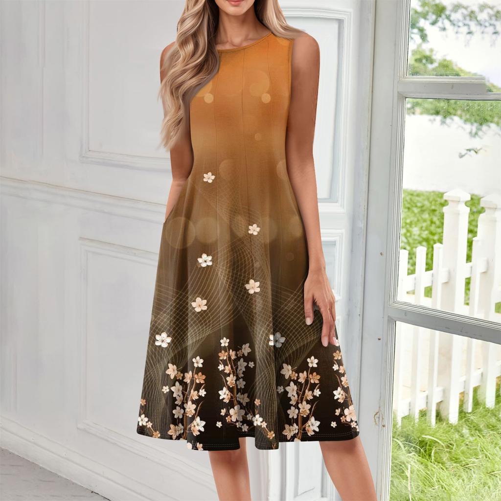 Women's Fashionable Round Neck Sleeveless Printed Casual Pullover Mid Length Dress