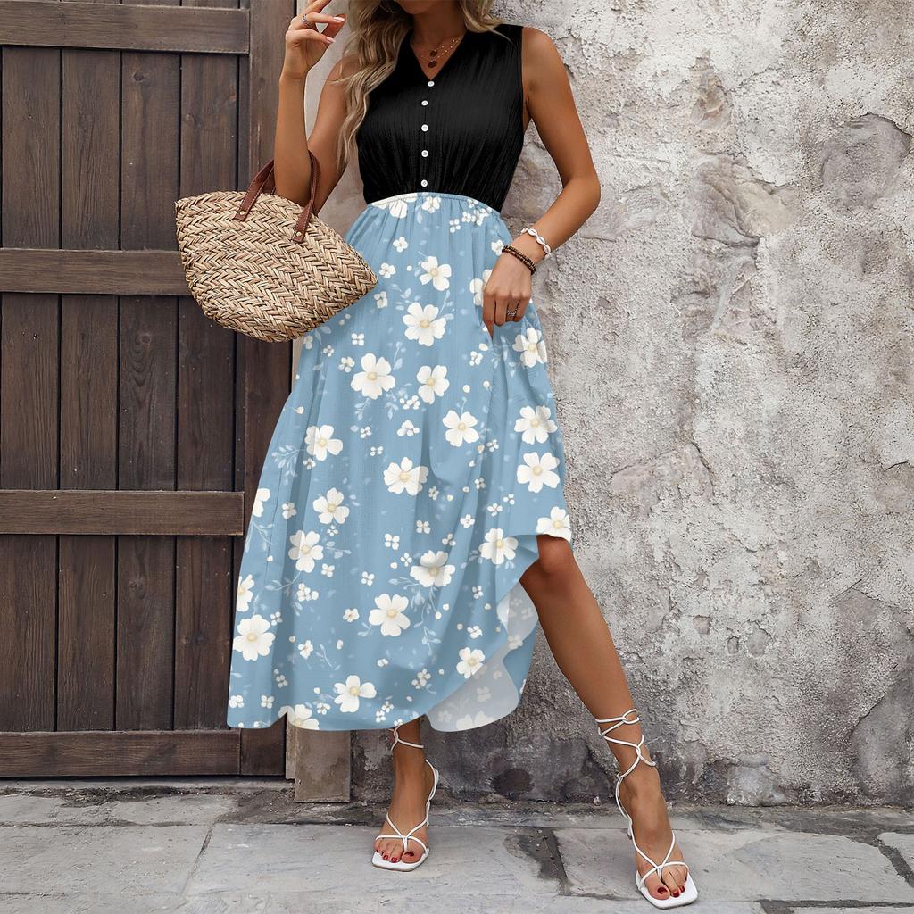 Women Summer Dresses Bohemian Women's Casual And Fashionable V-neck Sleeveless Printing Mid Length Dress