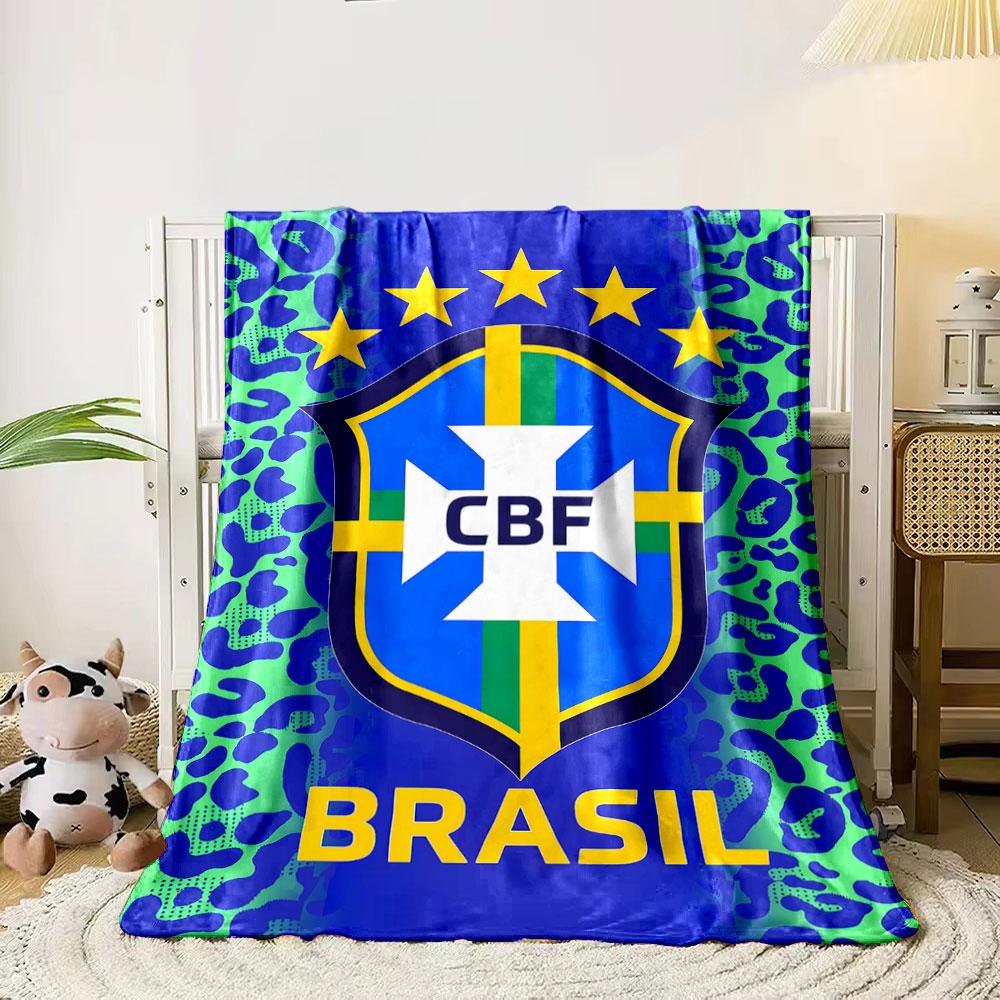 Blue and green leopard print background with a Brazil CBF emblem. for all seasons blanket lunch break throw gift