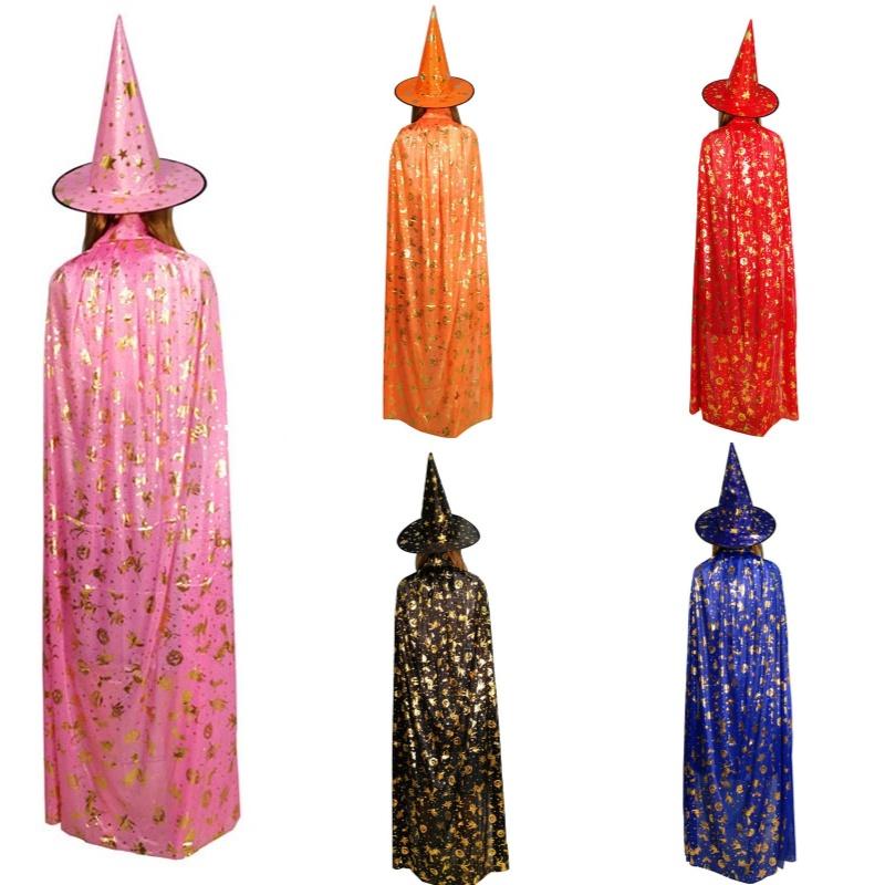 Премиум Хэллоуинский плащ с пришитым краем, костюм для взрослых и детей, плащ ведьмы для косплея, черный