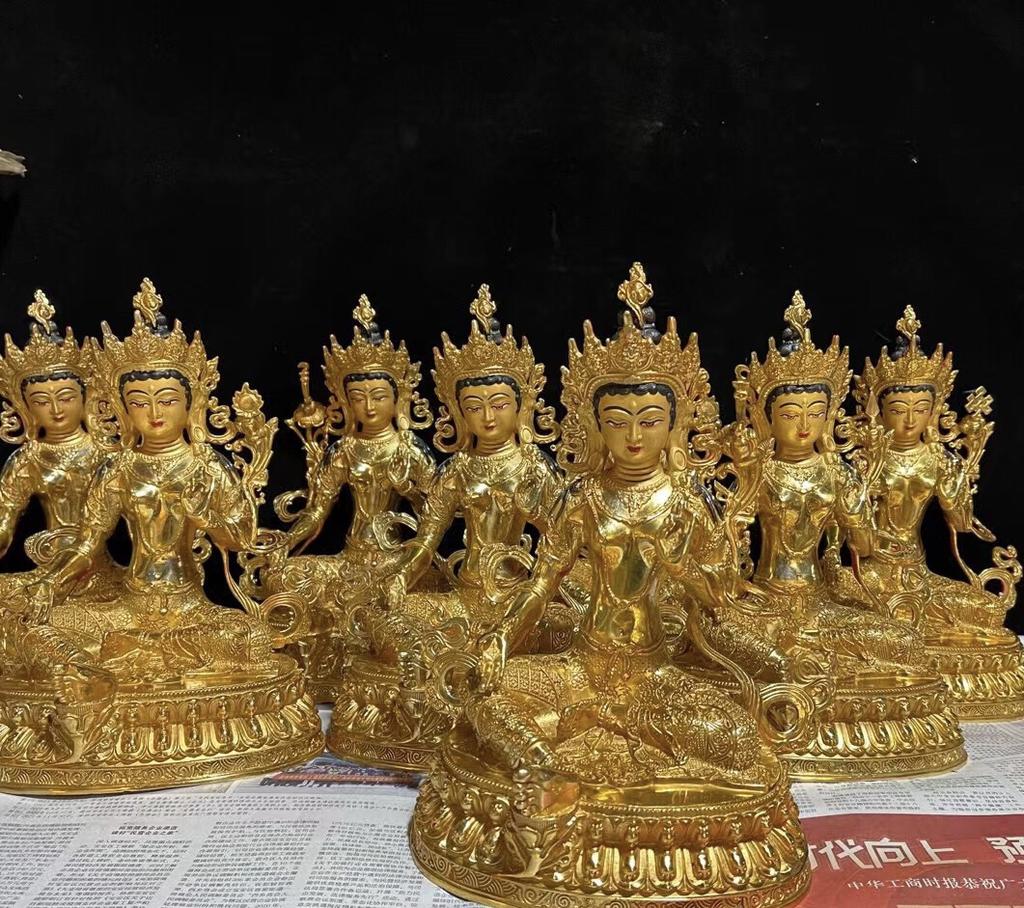 Высококачественная тибетская непальская буддийская позолоченная зеленая статуя Будды Тары Гуаньинь эффективно защищает большие украшения