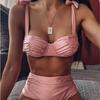 Women Lace-up Strap Bow High Waist Thong Bikini Set Swimsuit 2020 New Pink Padded Push-up Bra Bathing Suit Swimwear