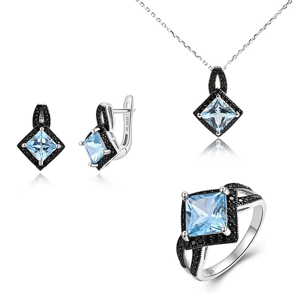 Комплект из серебра 925 пробы: кольцо, серьги, подвеска, ожерелье с натуральным небесно-голубым топазом, набор изящных ювелирных изделий для женщин для повседневной носки и вечеринок