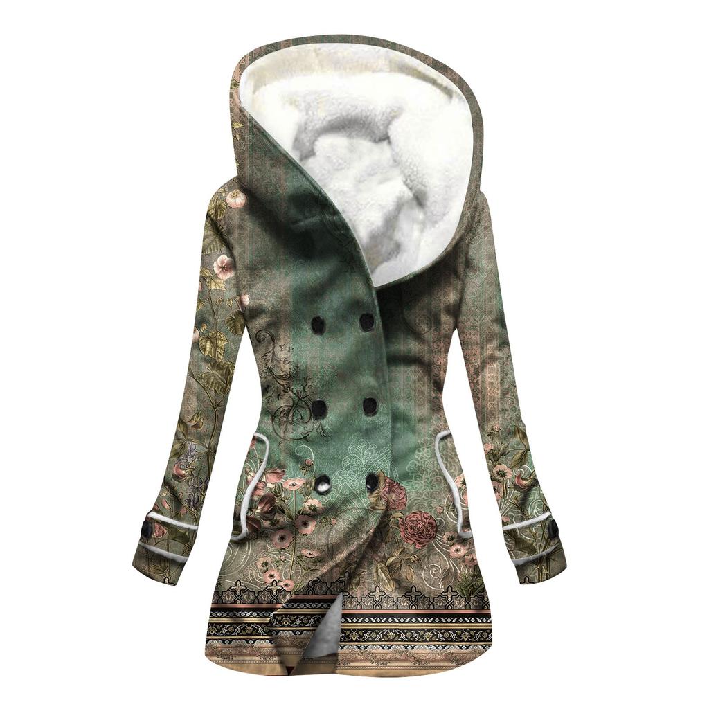 Женская большая куртка с теплой и плюшевой классической курткой на пуговицах с капюшоном и карманами в стиле ретро