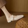 Krazing Pot Микрофибра Мюли Плетение Лето Размер 41 Низкий каблук Жемчужная отделка Вечерняя обувь Женщины Квадратный носок Гладиатор Полые туфли-лодочки