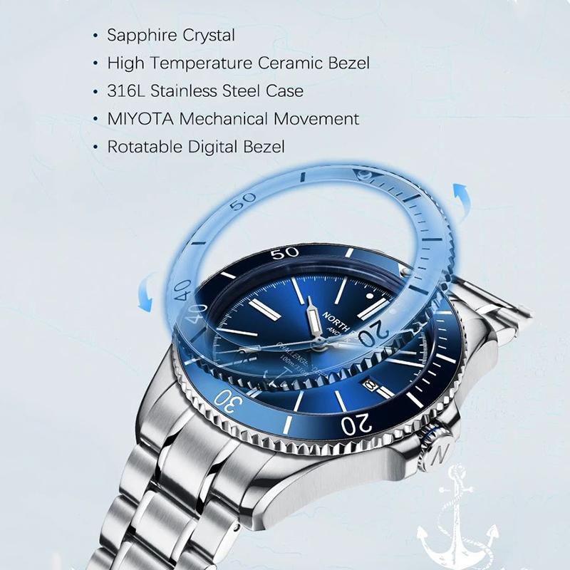 NORTH EDGE ANCHOR 42MM Men Mechanical Wristwatch Luxury Sapphire Glass MIYOTA 8215 Automatic Watches 10bar Waterproof Watch Men