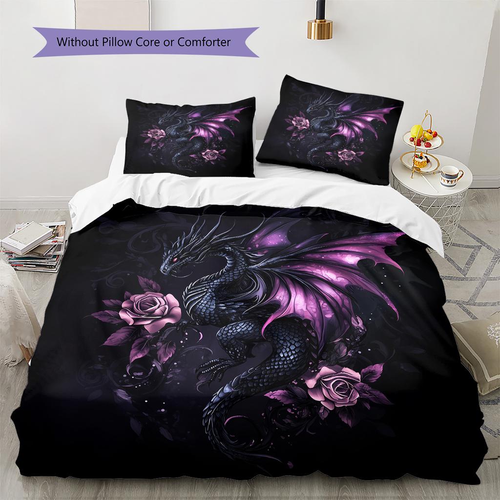 Purple dragon Pattern Bedding Quilt Set Quilt Cover Pillowcase Home Decoration Gift (1 * duvet cover + 2 * pillowcase, without core)