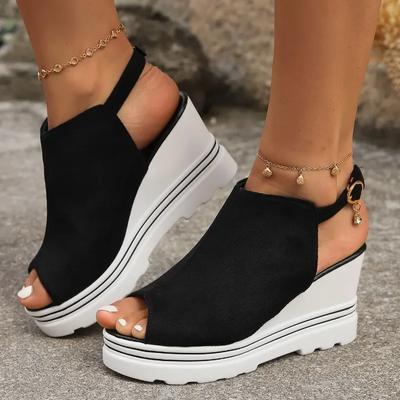 Мода 2024 года, горячая распродажа женской обуви с пряжкой на ремешке, женские сандалии, модные повседневные сандалии с открытым носком, женские новые сандалии на танкетке с круглым носком