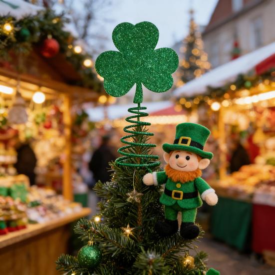 Улица. Верхушка на елку 'Клевер Святого Патрика' с весенним основанием, блестящая, миниатюрная, ирландский клевер, украшение на верхушку рождественской елки, праздничный орнамент