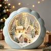 Christmas Tree Wooden Figurines Tabletop Decor with Warm LED Lights, 2D Printed Snow Village Scene Vintage Wood Displays Santa Reindeer Nutcracker