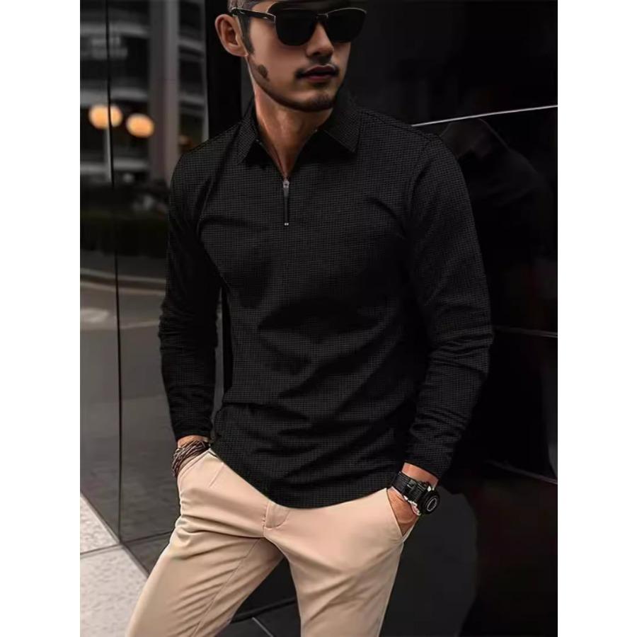 Мужская рубашка поло с длинным рукавом, застегивающаяся на четверть длины, с воротником-молнией, однотонный деловой повседневный топ, пуловер, рубашка для гольфа, футболки
