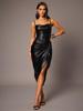 2025 Chic European & American PU Leather Spaghetti Strap Ruched Waist Slit Dress