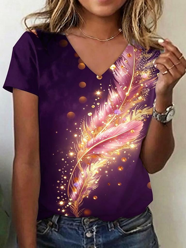 Women's Glitter Silver Butterfly & Feather Print V-Neck T-Shirt, Casual Short Sleeve Tops,Sparkly Daily Wear for Spring & Summer
