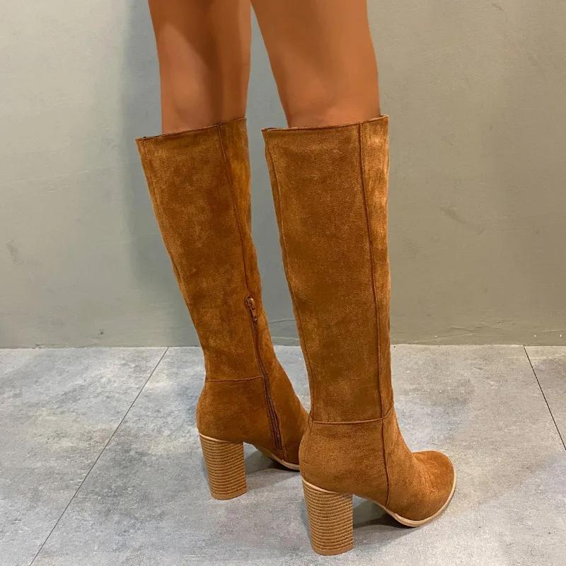 36-43 Большие размеры женской обуви 2024 Зимние модные женские сапоги с круглым носком и высоким каблуком Удобные желтые высокие сапоги с квадратным каблуком
