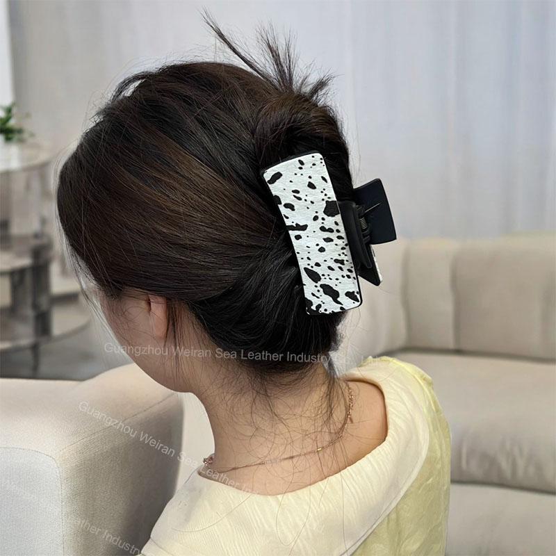 Horsehair Leather American Cow Boy Style Hair Claws Fashion Leopard Pattern Retro Rectangle Hair Clips