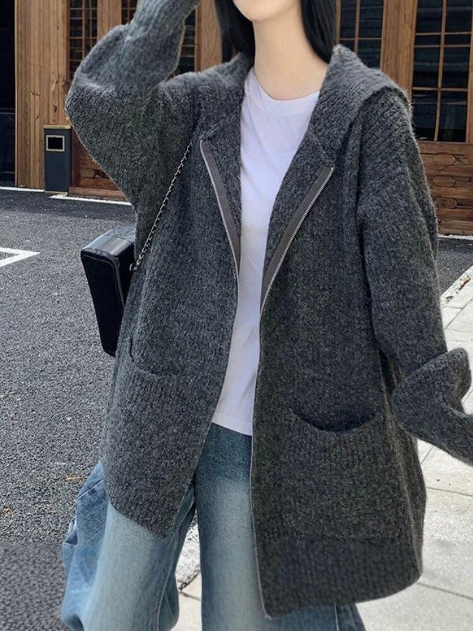 2026 Plus Size Women's Autumn Hooded Knit Sweater: Casual Long Sleeve, Loose Fit, Slimming Zipper Top